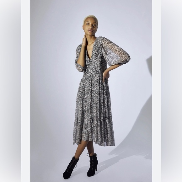 Joie Dresses & Skirts - Joie Tobey Dress Boho Midi Floral Ruffle Size Large Black, White, Red NWOT